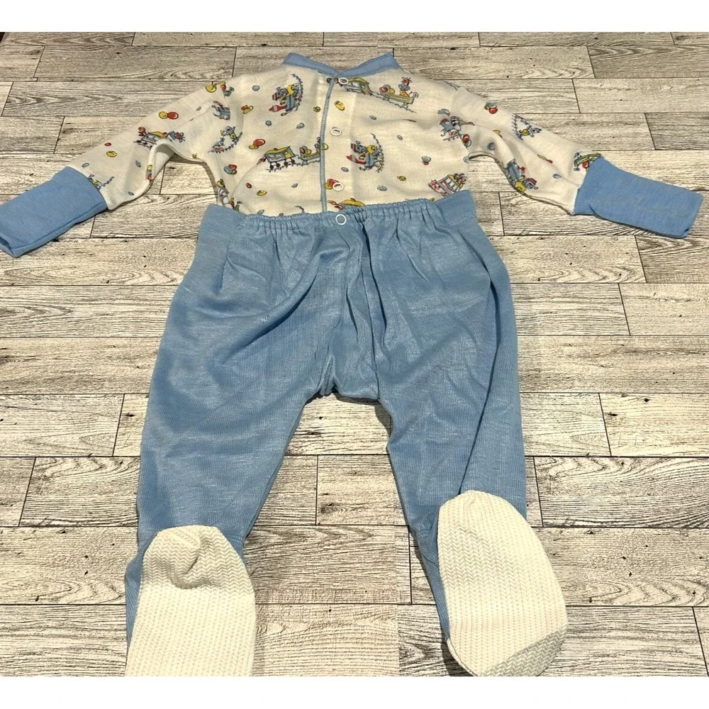 VTG Toddle Time Pajama Set Boys JC Penney Snap Button Sleepwear Blue Train SZ 1‎